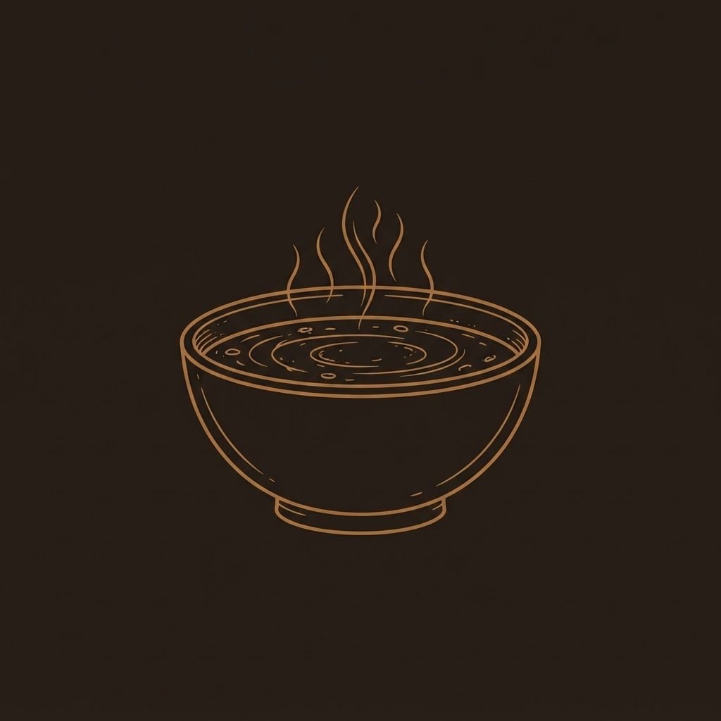 A single steaming bowl of dal, drawn as a simple bronze line etching