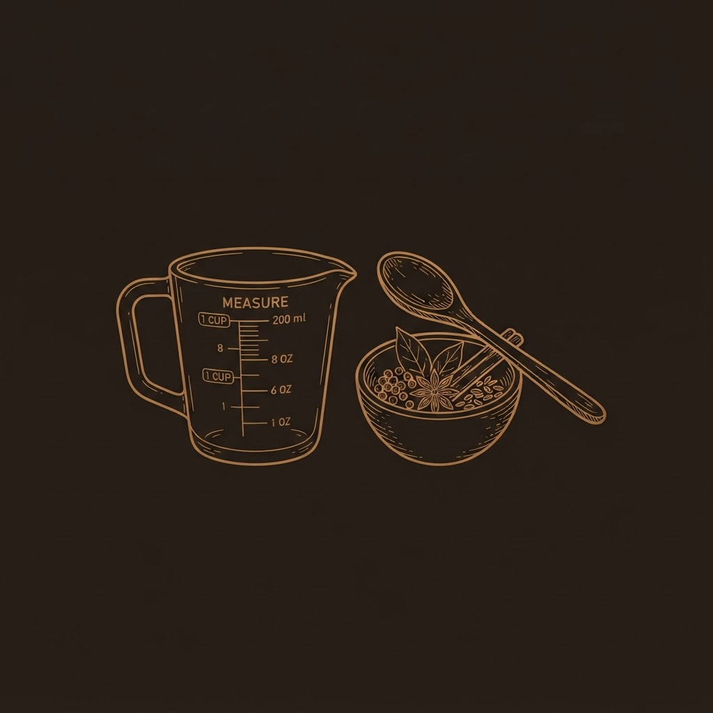A measuring cup, a bowl of spices and a wooden spoon, drawn as a simple bronze line etching